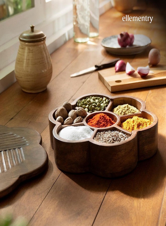 Ellementry Wood Masala Box- Brown | Multipurpose Masala Dabba Box Set |Spice Box Set with 7 Sections/compartments for Kitchen| Decorative Handmade Masala Dabba Organizer|Masala Dani |Spice Container - Image 5